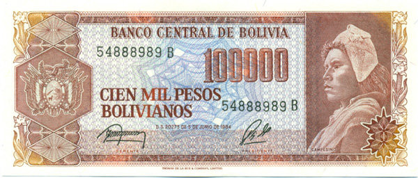 100 000 песо Боливии 1984 года. P-171 100 000 песо Боливии 1984 года. P-171