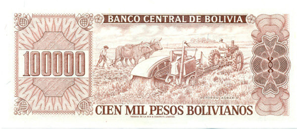 100 000 песо Боливии 1984 года. P-171 100 000 песо Боливии 1984 года. P-171