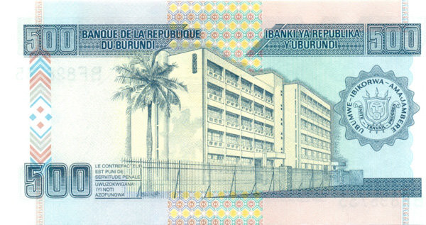 500 франков Бурунди 2009-2013 годов. P-45 500 франков Бурунди 2009-2013 годов. P-45