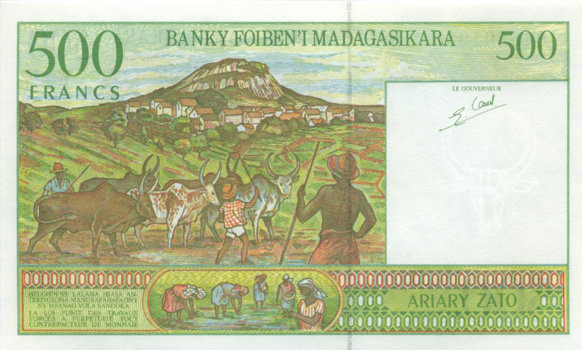 500 франков Мадагаскара 1994 года. Р-75 500 франков Мадагаскара 1994 года. Р-75