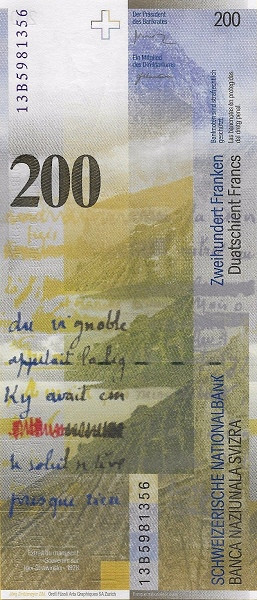 200 франков Швейцарии 1996-2013 года. Р-73 200 франков Швейцарии 1996-2013 года. Р-73