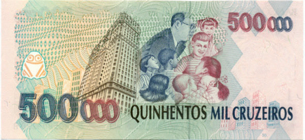 500 000 крузейро Бразилии 1993 года. P-236 500 000 крузейро Бразилии 1993 года. P-236